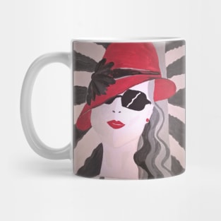 Fashion girl in a red hat. Mug